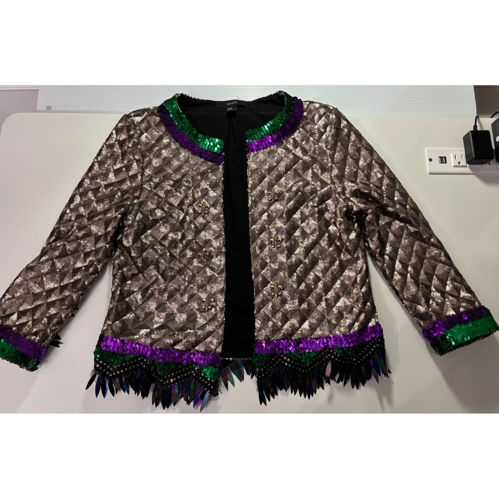 Forever 21 Mardi Gras Sequin Jacket Gold Purple Green Fleur De Lis Medium